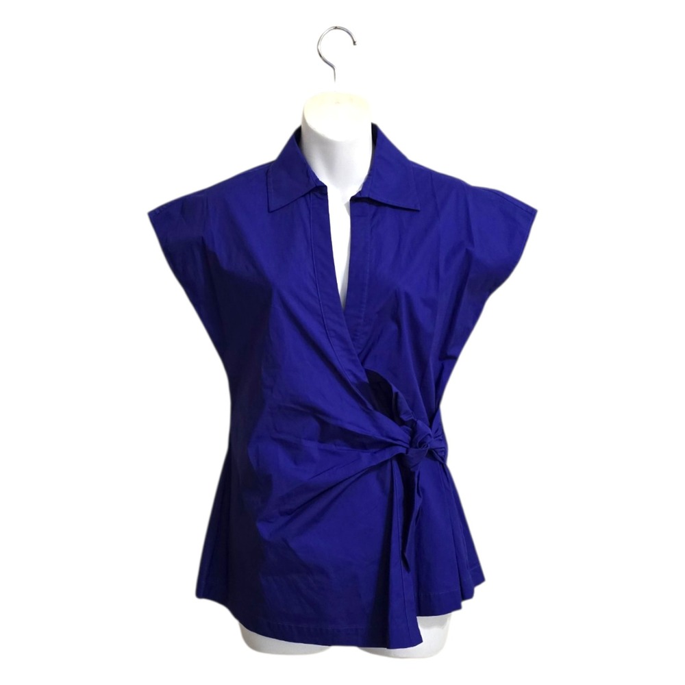 Trina Turk Avant Cotton Poplin Wrap Extended Shoulder Blouse Sz M